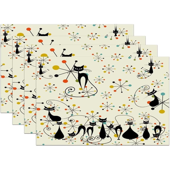 Atomic Cat Placemats, Atomic Abstract Geometric Cat Retro Pattern Resistant Washable Place Mats for Dining Kitchen Farmhouse Decor,4 PCS