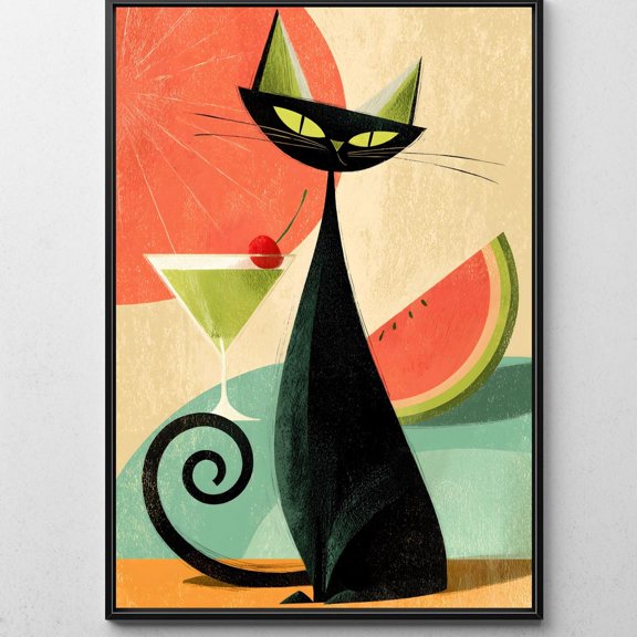 Atomic Cat Poster, Cocktail Glasses, Mid Century Modern for Display in Living Room and Bedroom and Coordinated Home Gallery Display
