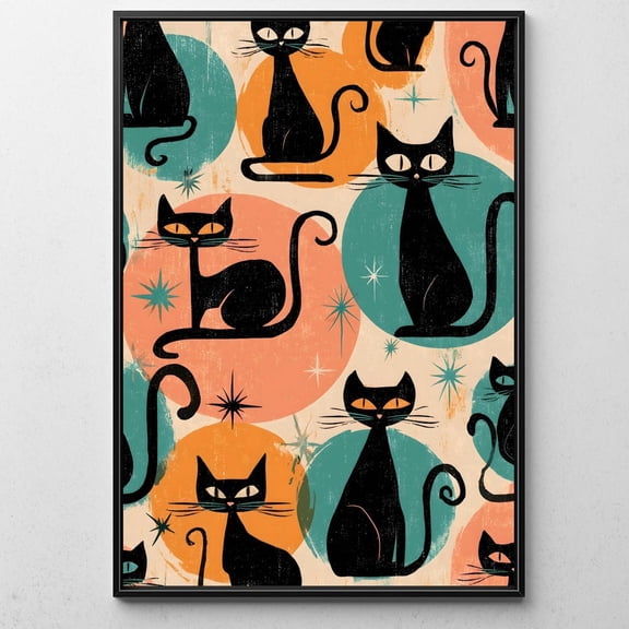 Atomic Cat Poster, Mid Century Modern Pattern, Retro Black Cat for Living Room and Bedroom and Coordinated Home Gallery Display