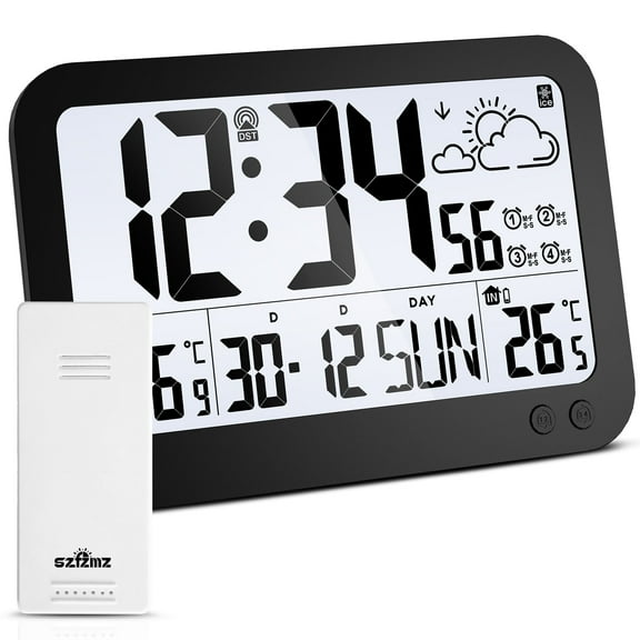 Atomic Clock With 1 Sensor - RCC Clock With Indoor&Outdoor Temperature And Calendar, Easy To Read Wall Clocks, Easy To Set Wall Clock For Bedroom, Office, Battery Operated, Black