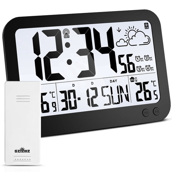 SZFZMZ Digital Wall Clocks with Outdoor Sensor, Alarm Clock, Backlight, 4 Time Zones, Auto Dst, Battery Powered, Black