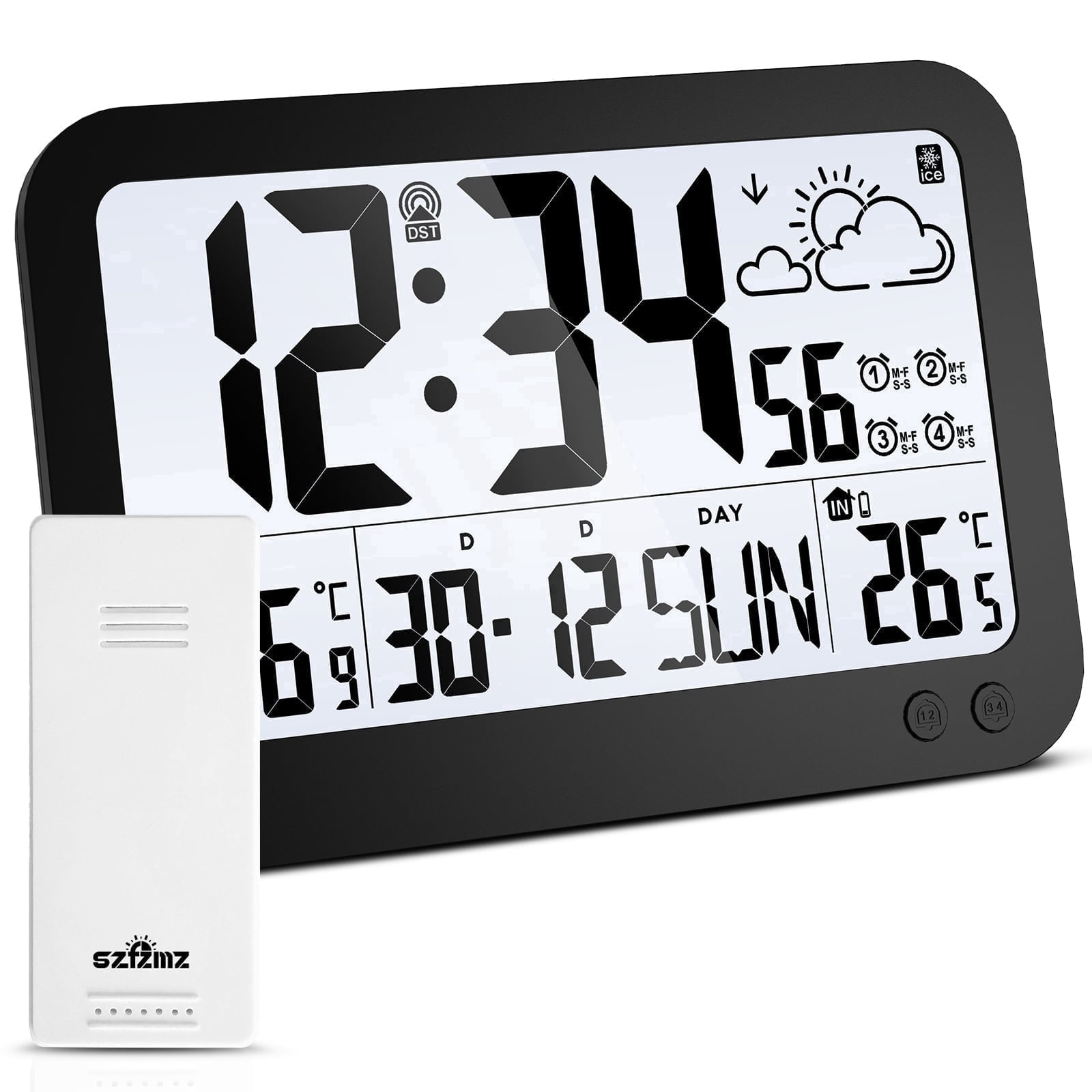SZFZMZ Digital Wall Clocks with Outdoor Sensor, Alarm Clock, Backlight, 4 Time Zones, Auto Dst, Battery Powered, Black