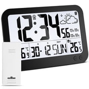 SZFZMZ Digital Wall Clocks with Outdoor Sensor, Alarm Clock, Backlight, 4 Time Zones, Auto Dst, Battery Powered, Black