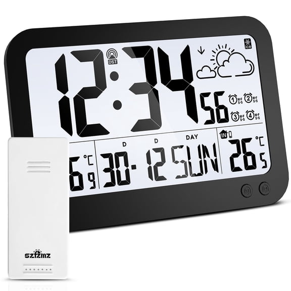 SZFZMZ 4.6 in Quartz Digital Wall Clocks, Alarm Clock Battery Operated with Backlight, Wireless Outdoor Sensor, Alarm Clock Indoor Outdoor Temp, 4 Time Zones, Auto DST, Clock for Bedroom, Black