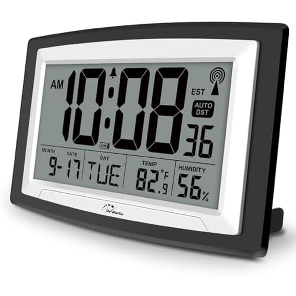 Atomic Clock with Indoor Temperature and Humidity, 12.5 Inch Self-Setting Digital Wall Clock or Desk Clock, Battery Operated Digital Clock Large Display for Seniors, Auto DST