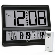 Atomic Clock Large Display, Digital Wall Clock with Indoor Outdoor Temperature and Date, Wireless Outdoor Sensor, Digital Desk Alarm Clock Battery Operated for Bedroom, Easy to Read, Black