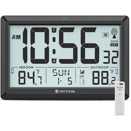 Atomic Clock Wall with Indoor/Outdoor Temp, Battery Operated Digital Wall Clock with 10.5" Large LCD Display, 330ft Range Desk Table Clock with Alarm, DST, Calendar for Living Room Bedrooms, Black