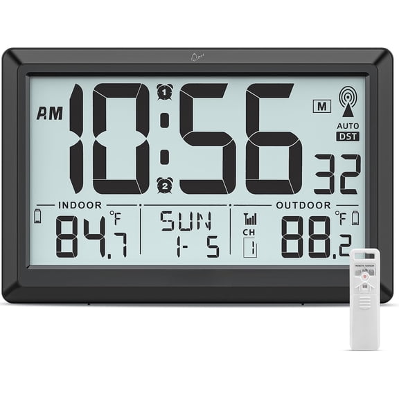 Atomic Clock Wall with Indoor/Outdoor Temp, Operated Digital Wall Clock with 10.5" Large LCD Display, 330ft Range Desk Table Clock with , DST, Calendar for Room Bedrooms, Black