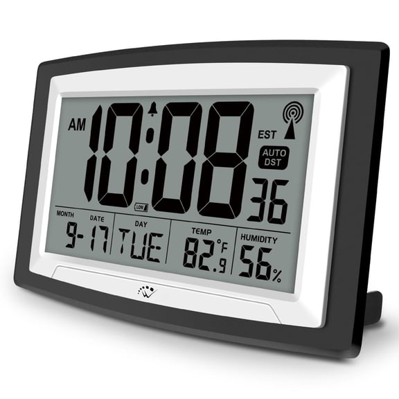 Atomic Clock With Indoor Temperature And Humidity 12.5 Inch Self-setting Digital Wall Or Desk Operated Large Display For Seniors Auto Dst