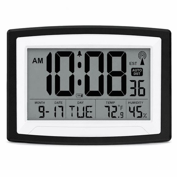 Atomic Digital Clock with Indoor Temperature and Humidity, Self Setting Wall or Desk Clock, Battery Operated Large LCD Display Clock with Alarm, Calendar, Auto DST and Four Time Zones, No Backlight