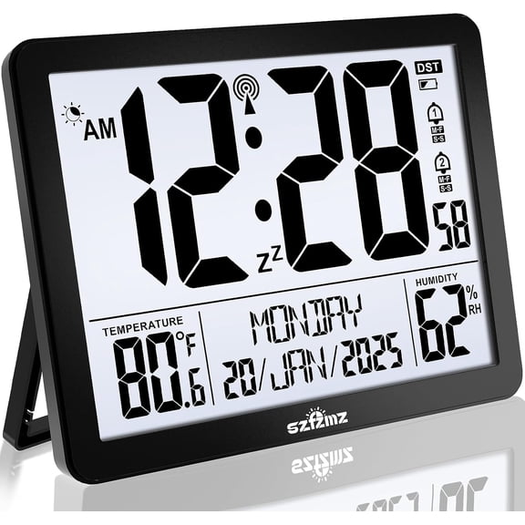 Atomic Digital Wall Clock Battery Operated with Backlight, Desk Clocks with Indoor Temperature & Humidity, 8.5" Small Alarm Clock with Date and Day of Week for Bedrooms, Living Room, Auto DST, Black