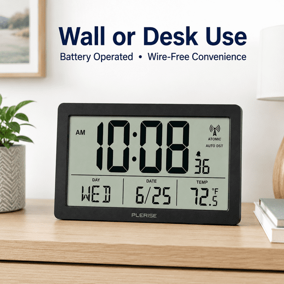 Atomic Digital Wall Clock Battery Operated, Self-Setting Digital Clock with Large LCD Display, Indoor Temperature, Date, Day of Week, Alarm, 4 Time Zones, Auto DST, 12/24 Hour Mode, Wall Moun