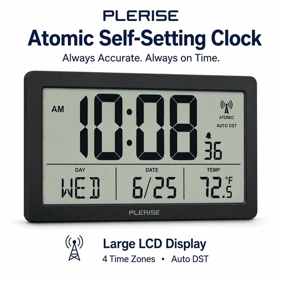 Atomic Digital Wall Clock Battery Operated, Self-Setting Digital Clock with Large LCD Display, Indoor Temperature, Date, Day of Week, Alarm, 4 Time Zones, Auto DST, 12/24 Hour Mode, Wall Moun