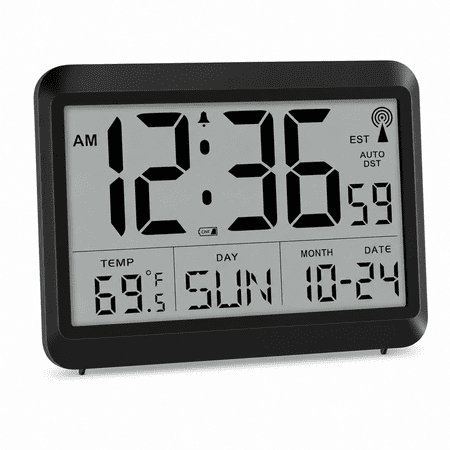 Atomic Digital Wall Clock Battery Operated, Self-Setting Large Display Clock with Indoor Temperature, Date, Day of Week, Alarm, 4 Time Zones, DST Auto Set, Wall Mount or Desk Clock, No Backlight