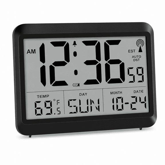 Atomic Digital Wall Clock Battery Operated, Self-Setting Large Display Clock with Indoor Temperature, Date, Day of Week, Alarm, 4 Time Zones, DST Auto Set, Wall Mount or Desk Clock, No Backlight