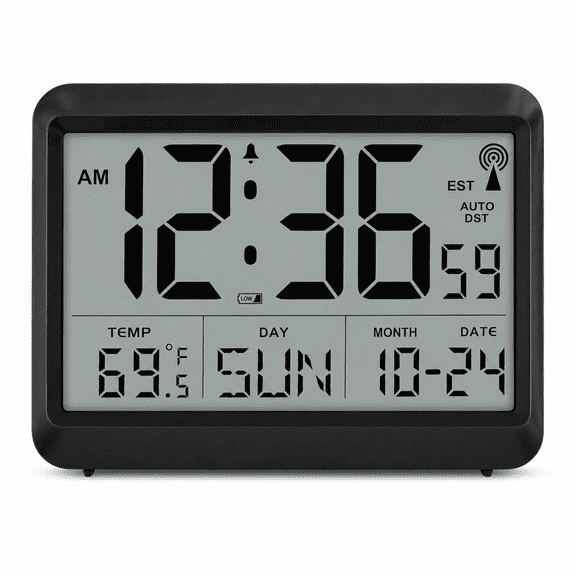 Atomic Digital Wall Clock Battery Operated, Self-Setting, Large Display with Temperature, Date, Day of The Week, Silent Wall Mount Digital Clock, 4 Time Zones, DST