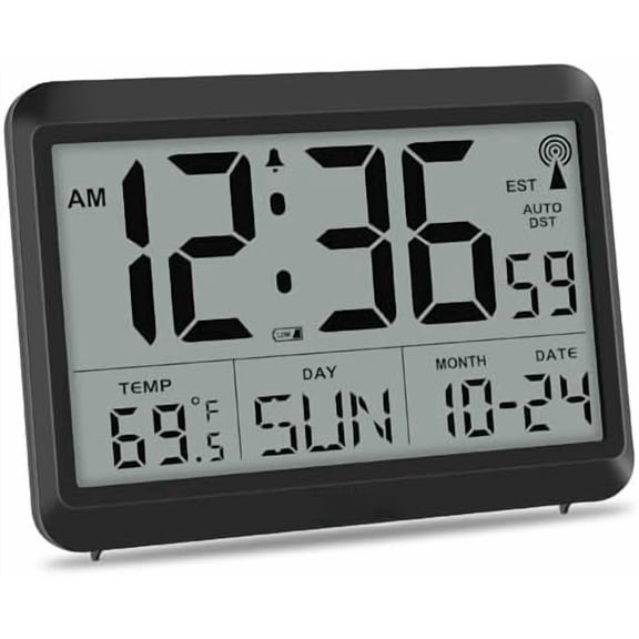 Atomic Digital Wall Clock Battery Operated, Self-Setting, Large Display with Temperature, Date, Day of The Week, Silent Wall Mount Digital Clock, 4 Time Zones, DST