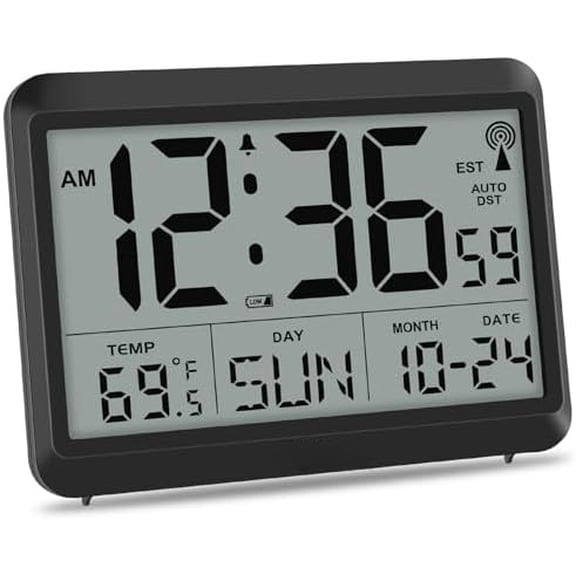 Atomic Digital Wall Clock Battery Operated, Self-Setting, Large Display with Temperature, Date, Day of The Week, Silent Wall Mount Digital Clock, 4 Time Zones, DST