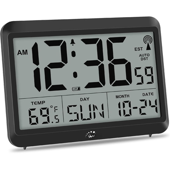 Atomic Digital Wall Clock Operated, Self-Setting, Large Display with Temperature, Date, Day of The Week, Silent Wall Mount Digital Clock, 4 Time Zones, DST