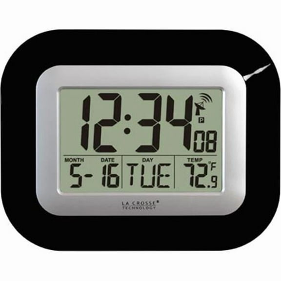Atomic Digital Wall Clock with IN Temp and Date-Black