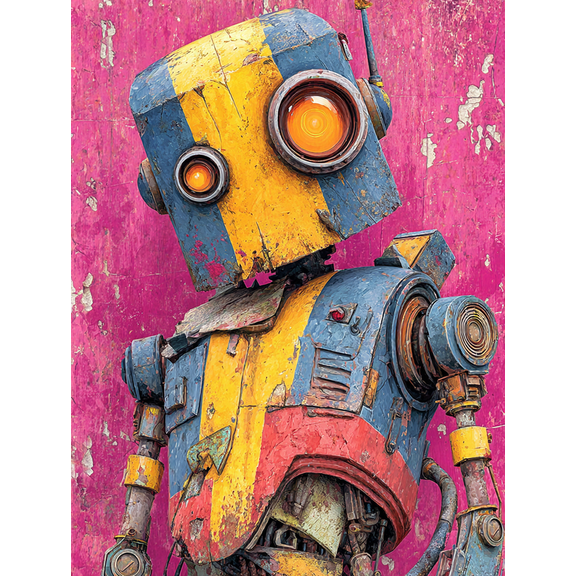 Atomic Fallout Cartoon Robot Canvas Portrait Print, Colorful Fun Modern Home Wall Decor Art