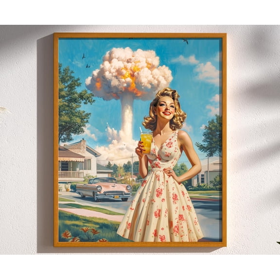 Atomic Lemonade Vintage Mid Century Modern Era Nuclear Family Mushroom Cloud Surreal Dark Humor Retro Housewife Wall Art Decor Print Poster, Poster Only