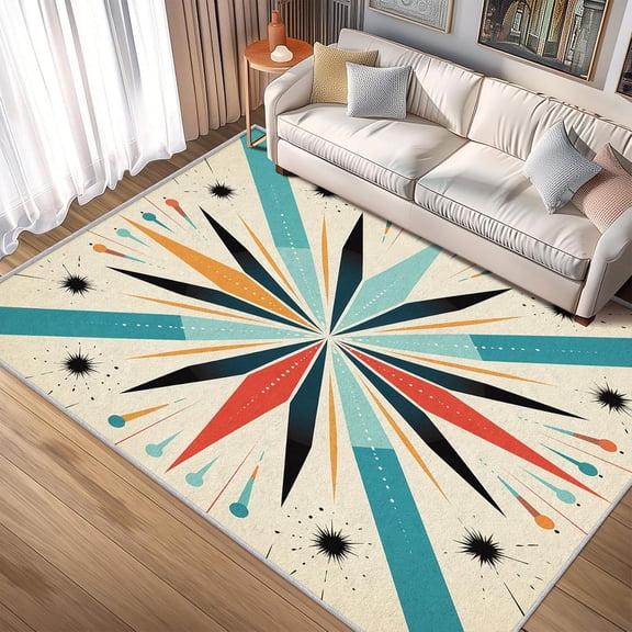 Atomic Mid Century Area Rugs, Retro Geometric Abstract Carpet, Washable Non Slip Low Pile Soft Rug for Bedroom Living Room Decor Mat 4x5ft