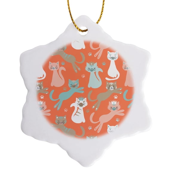 3drose, Atomic Orange Cats Pattern, 3 inch Snowflake Porcelain Ornament