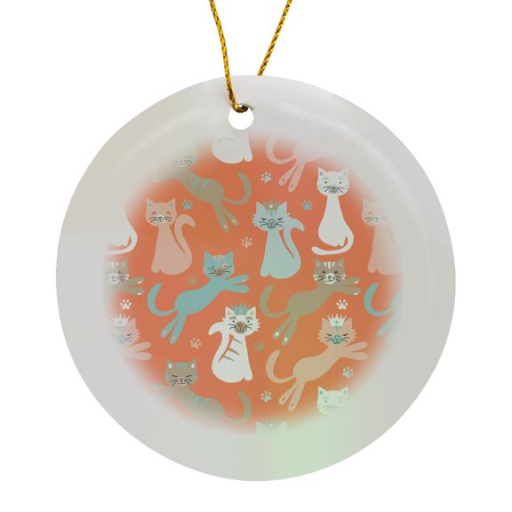 3drose, Atomic Orange Cats Pattern, Circle Porcelain Ornament