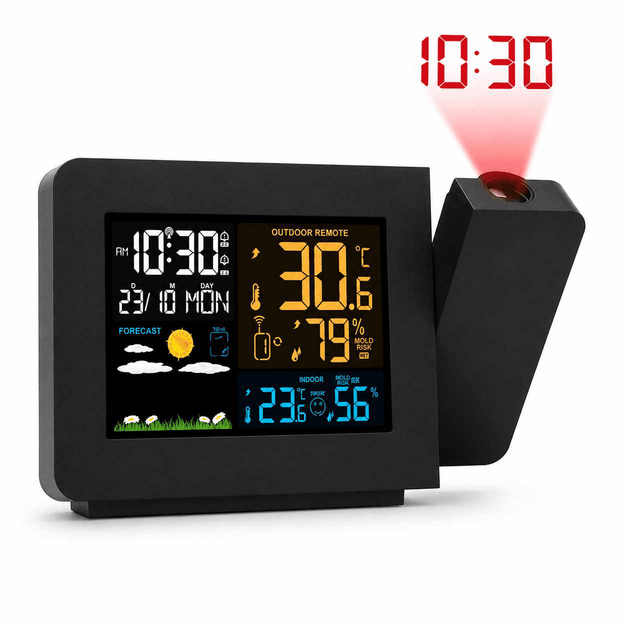 Atomic Projection Alarm Clock with Weather Station, WWVB Radio, Dual Alarms, Snooze, and Wireless Temperature & Humidity Sensor