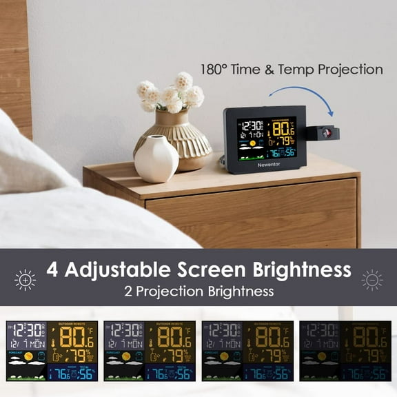 Atomic Projection Alarm Clock with Weather Station for Bedrooms - WWVB Function, Indoor Outdoor Thermometer Wireless