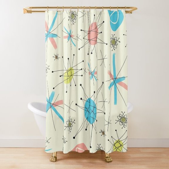Atomic Starbursts and Geometric Lines Shower Curtain, Turquoise, Pink and Lime, 100% Polyester, for Bathrooms