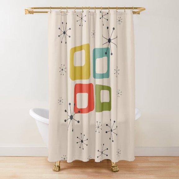 Atomic Starbursts and Geometric Rounded Squares Shower Curtain, 100% Polyester, Bathroom Decor