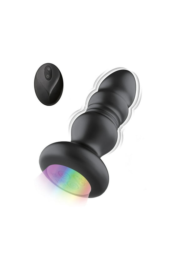 Thrusting Light-Up Rechargeable Silicone Vibrating Power Anal Plug with Remote Control, Black