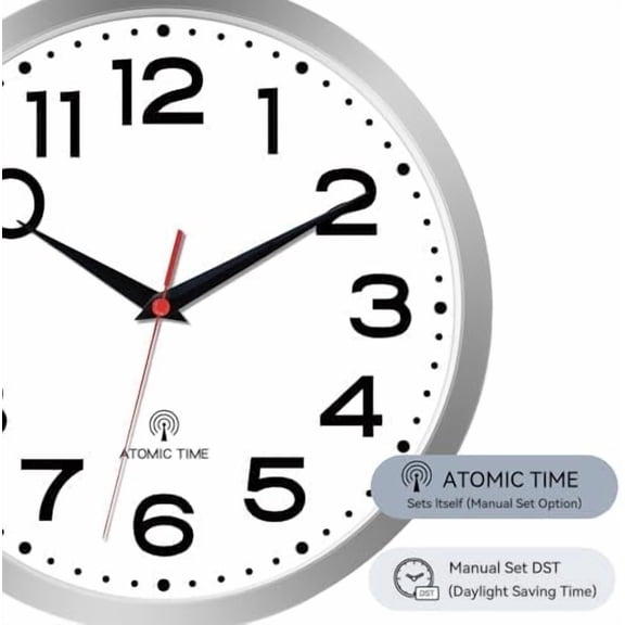 Atomic Wall Clock 14 Inch, Modern Clock Battery Operated Classic Analog Decorative for Kitchen, Living Room, Office, Bedroom, Bathroom (Silver)