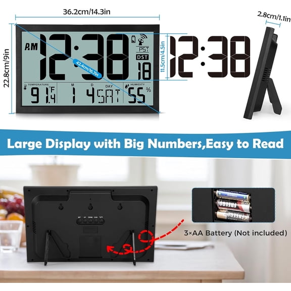 Atomic Wall Clock 16.7 Inch Large Display Digital Alarm Clock with Temperature Humidity Calendar Auto Setting Battery Operated for Bedroom Classroom Office