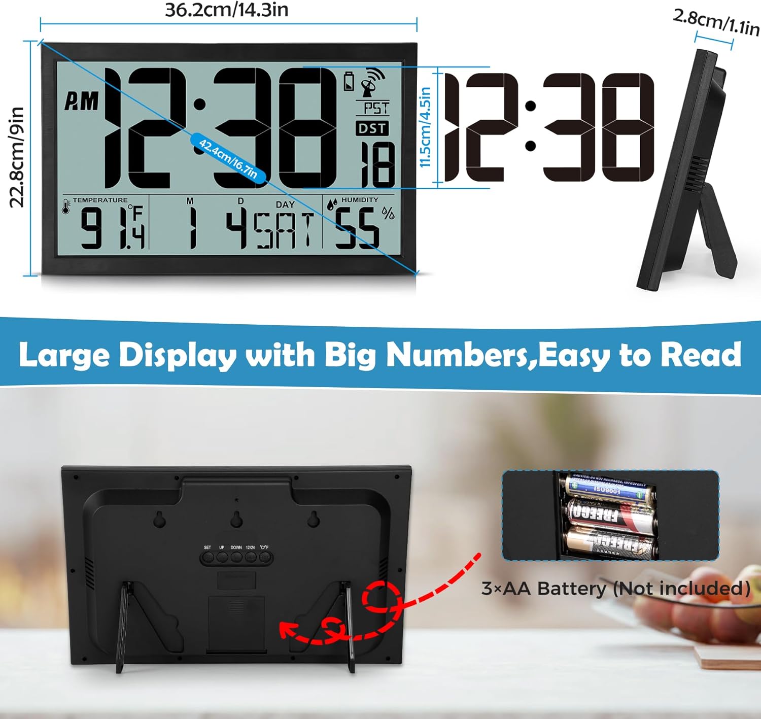 16.7 Inch Large Digital Atomic Wall Clock with Calendar Temperature Humidity Indoor Display Battery Operated Auto Setting for Bedroom Office Classroom