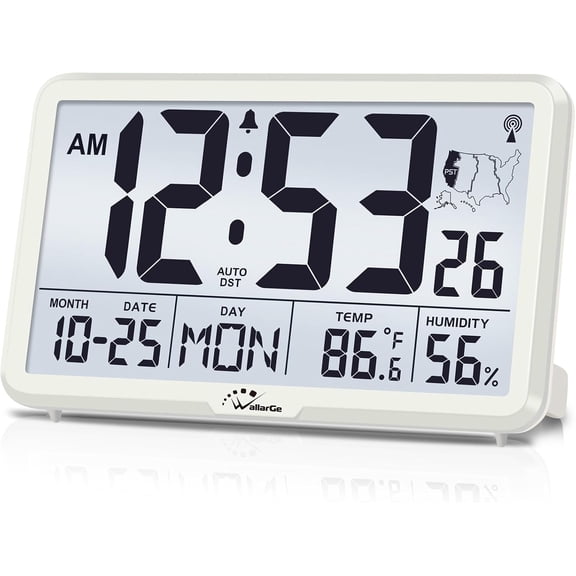 Atomic Wall Clock with Backlight, Digital Wall Clock Battery Operated for Classroom, Bedroom, Office, Large Display with Indoor Temperature, Humidity, Date, AUTO DST, 6 Time Zones