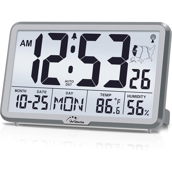 Atomic Wall Clock with Backlight, Digital Wall Clock Battery Operated for Classroom, Bedroom, Office, Large Display with Indoor Temperature, Humidity, Date, AUTO DST, 6 Time Zones