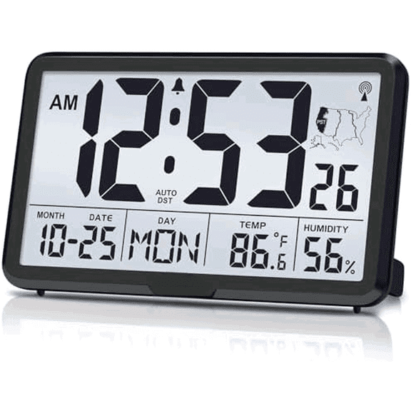 Atomic Wall Clock with Backlight, Digital Wall Clock Battery Operated for Classroom, Bedroom, Office, Large Display with Indoor Temperature, Humidity, Date, AUTO DST, 6 Time Zones