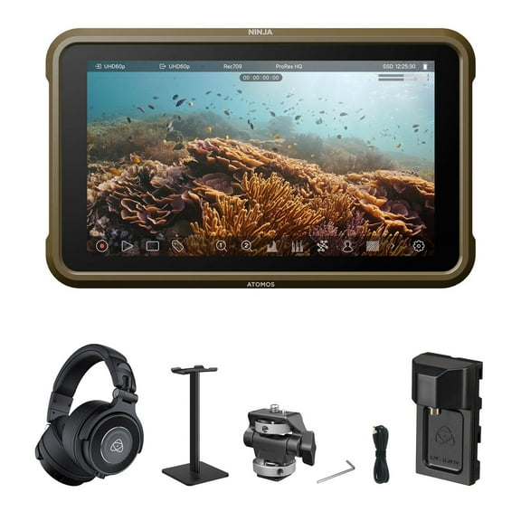 Atomos Ninja 5.2" 4K HDMI Recording Monitor+Atomos StudioSonic Professional Headphones+Headphone Stand Bundle