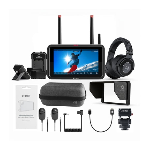 Atomos Ninja TX 5-Inch 1500nit Monitor Recorder Bundle with 8K RAW, 5-Inch Creator Kit, Universal Power Kit, and StudioSonic Professional Wired Headphones (4 Items)
