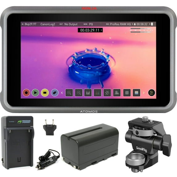Atomos Ninja V+ 5.2-Inch 8K Photo and Video Portable Monitor | 1920 x 1080 Touchscreen Display Video Monitors with HDMI 2.0 In/Out | SmallRig Camera Hot Shoe Mount, Battery & Charger Bundle Set