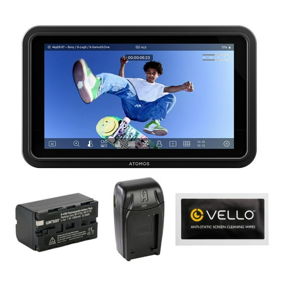 Atomos Shinobi GO 5 HDR Touchscreen Monitor 1500-Nit Bundle with Watson NP-F770 Lithium-Ion Battery Pack, Watson Compact Charger for L & M Series Batteries, Anti-Static Screen Cleaning Wipes (5-Pack)