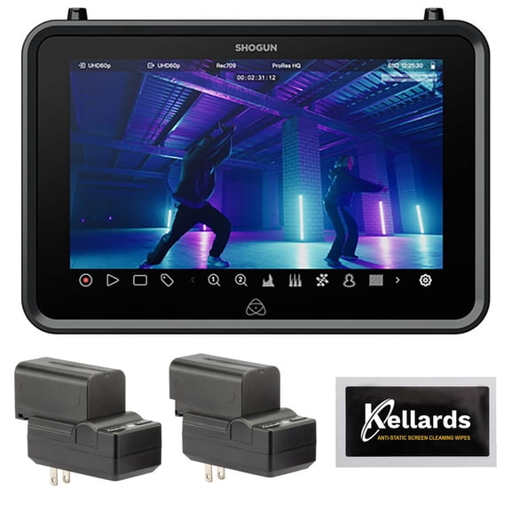 Atomos Shogun 7-inch HDR Monitor-Recorder 6K Raw Bundle with Genaray 2 x NP-F770 4400mAh Batteries & 2 x Compact Chargers Kit and Anti-Static Screen Cleaning Wipes