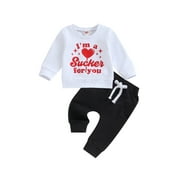 Aton D. Toddler Boy Valentine's Day Closes LetterHeart Print Long Sleeve Pullover Elastic Waist Pants 2Pcs Warm Outfit