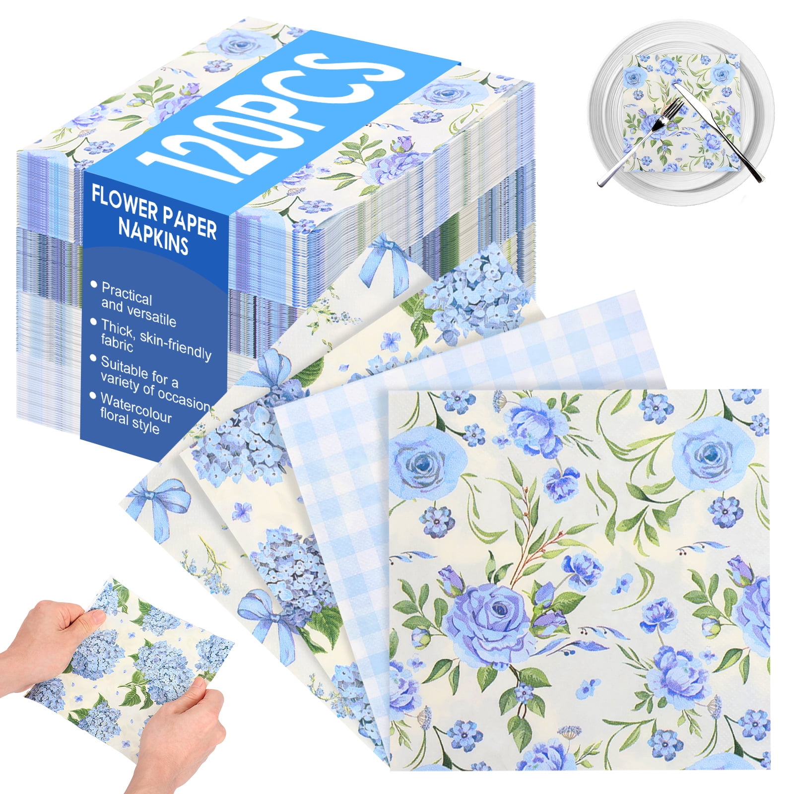Atopoler 120 Pcs Floral Decoupage Napkins,Decorative Floral Paper Napkin,Flower Hand Towels for Celebrations Tea Party Dinner Wedding,Blue Color