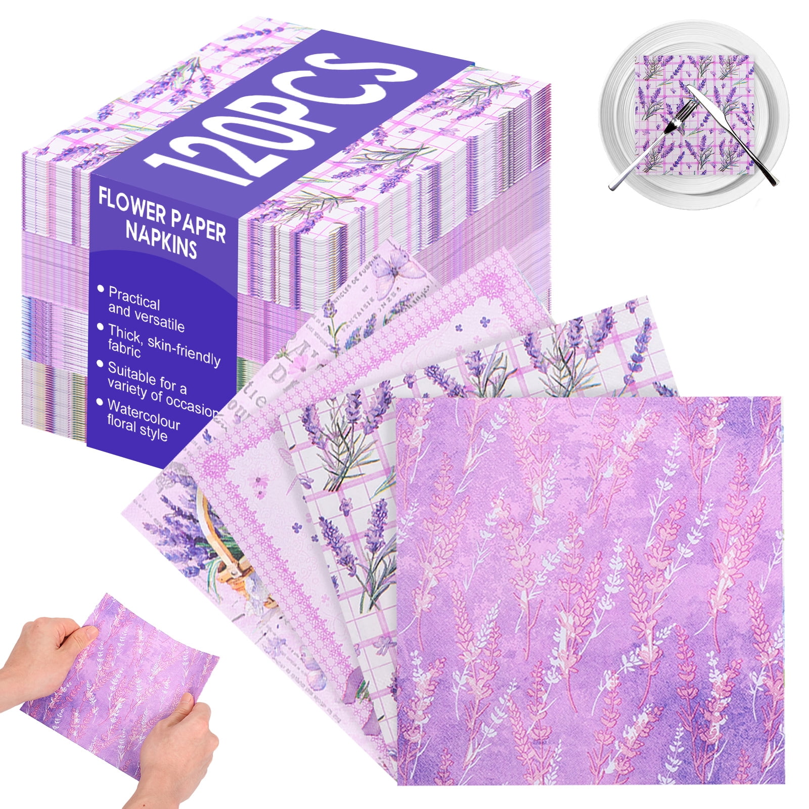 Atopoler 120 Pcs Floral Decoupage Napkins,Decorative Floral Paper Napkin,Flower Hand Towels for Celebrations Tea Party Dinner Wedding,Purple Color