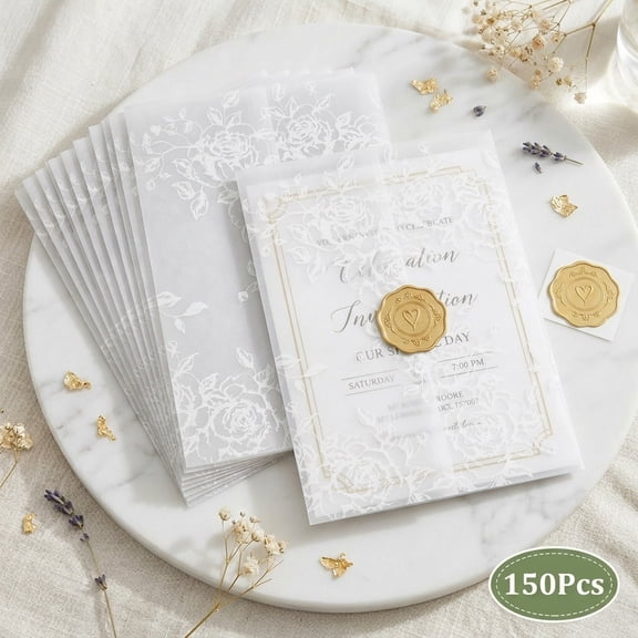 Atopoler 150 Pcs Pre Folded Vellum Jacket Set,Printed Translucent Vellum Paper Invitation Wrap for 5 x 7 Wedding Baby Shower Birthday,Style 1
