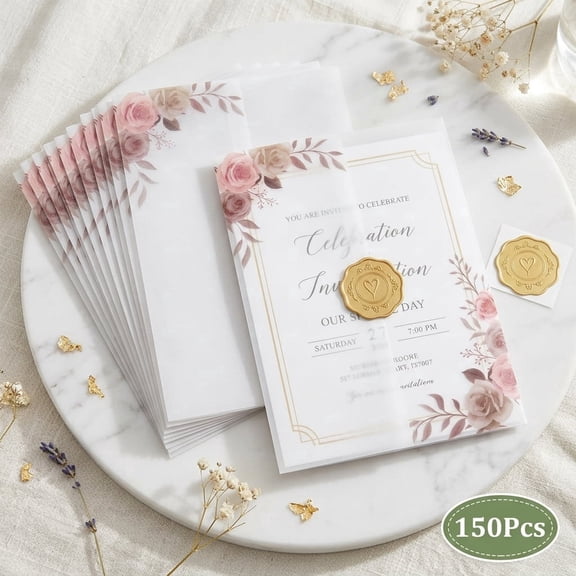 Atopoler 150 Pcs Pre Folded Vellum Jacket Set,Printed Translucent Vellum Paper Invitation Wrap for 5 x 7 Wedding Baby Shower Birthday,Style 3